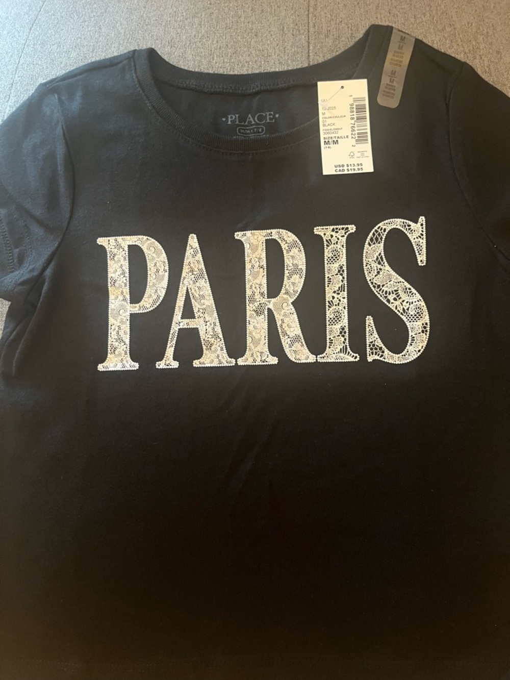 The Children's Place Black Tee with White 'PARIS' Lace Print